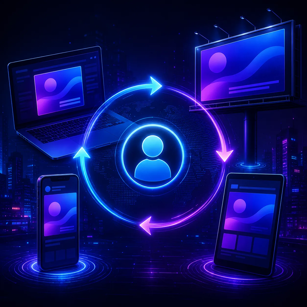 A user icon inside a circular arrow loop linking a laptop, a billboard, a phone and a tablet that all show the same ad, illustrating one person being retargeted across devices