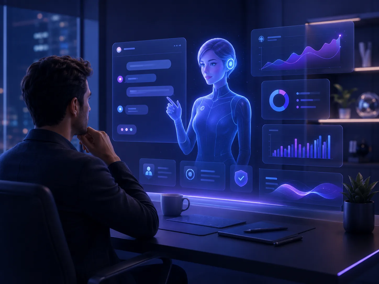 AI assistant hologram coordinating marketing campaigns