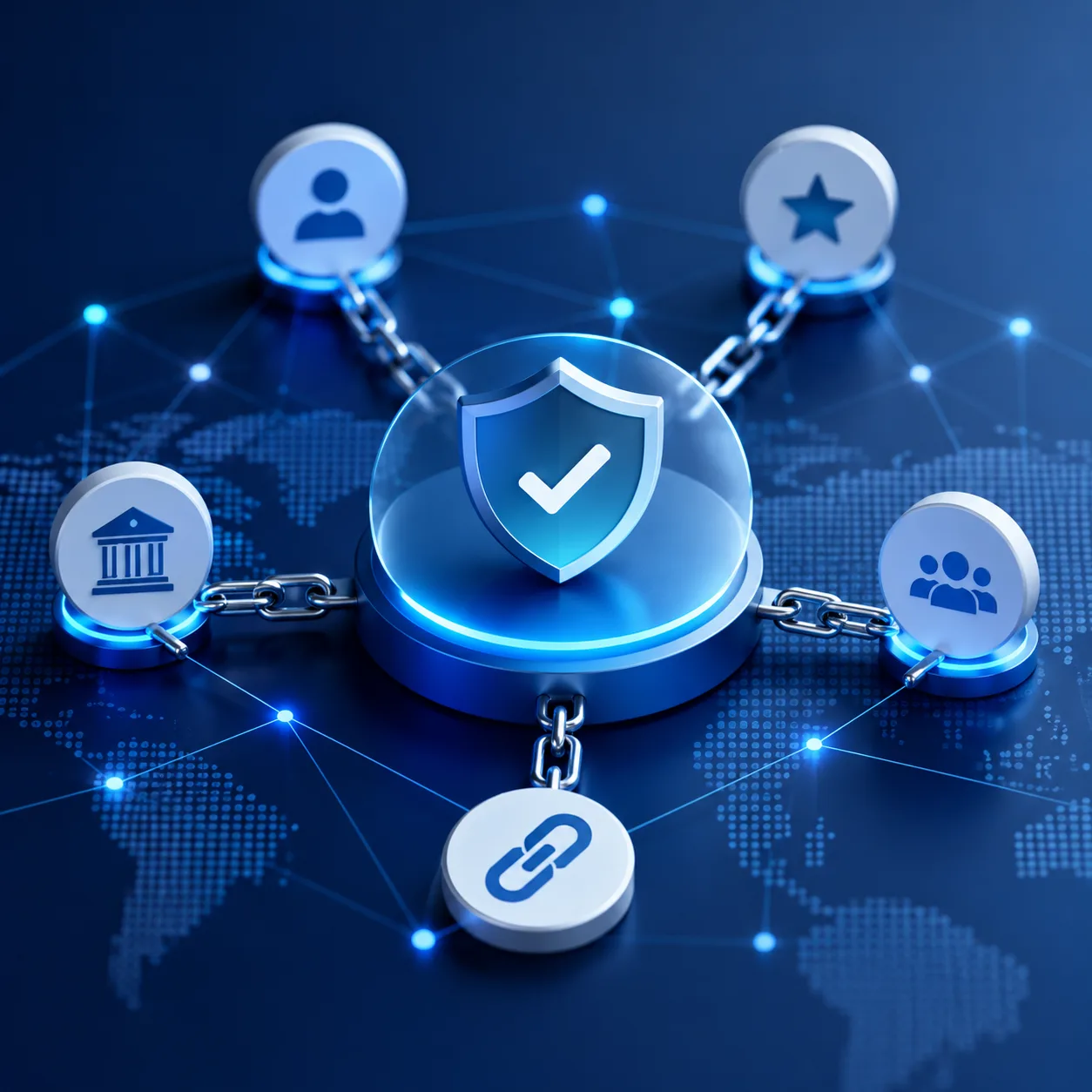Shield linked by chains to a network of trusted authority icons