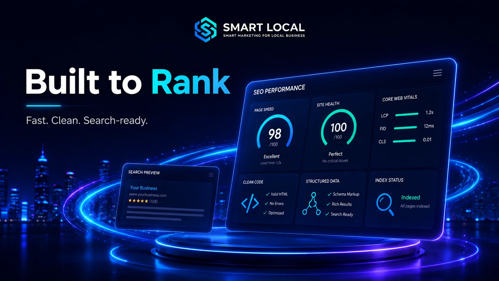 Smart Local banner showing a Core Web Vitals and schema dashboard built to rank