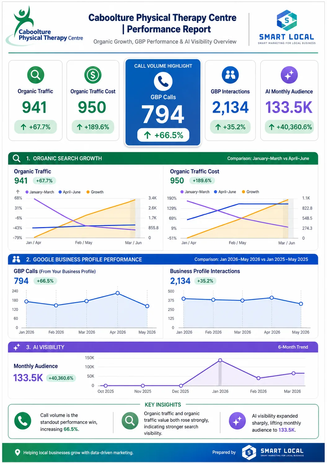 Report showing Caboolture Physical Therapy Centre reaching a monthly AI audience of 133,500