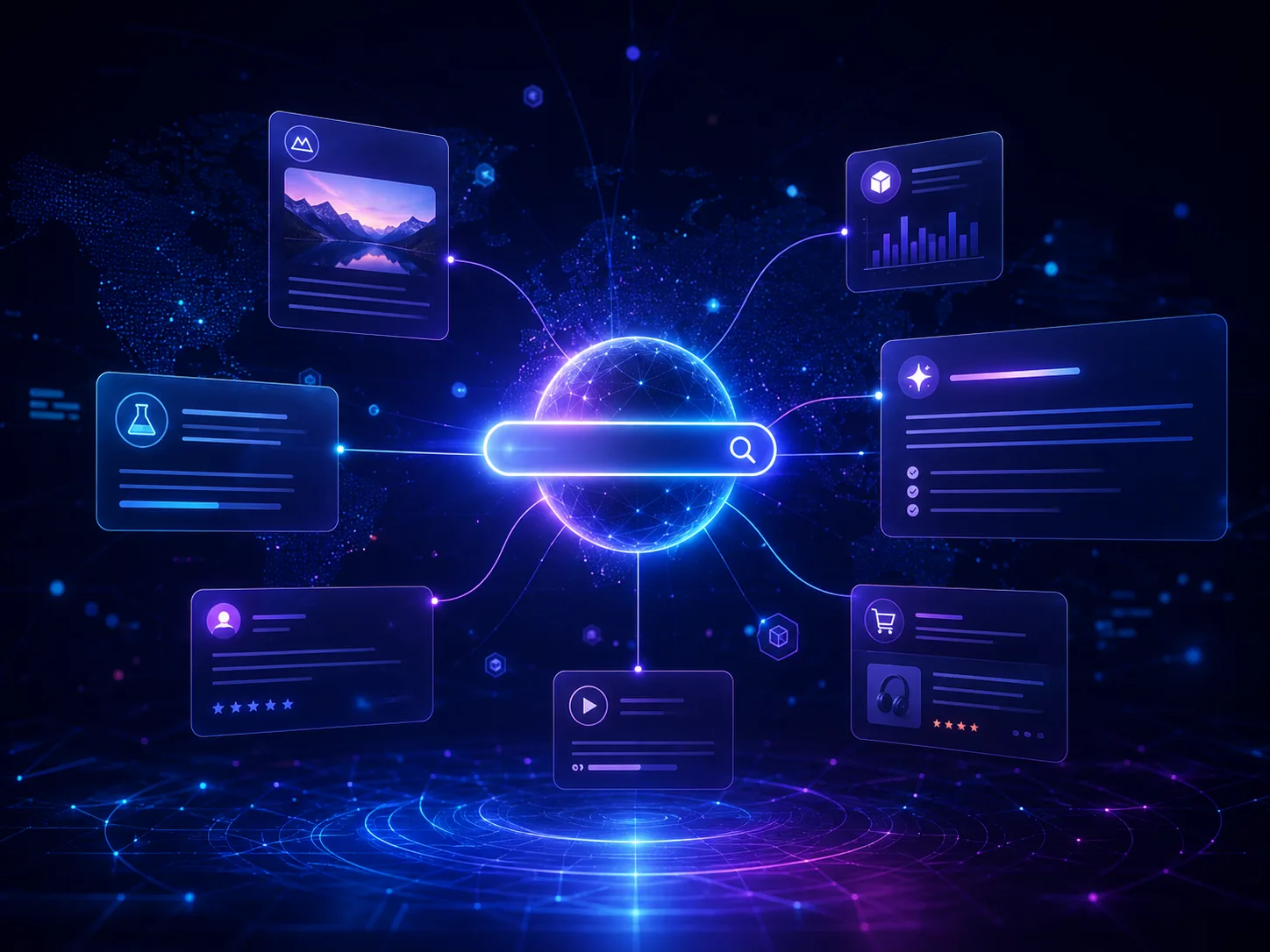 Orb of connected content representing the scope of an AI SEO campaign