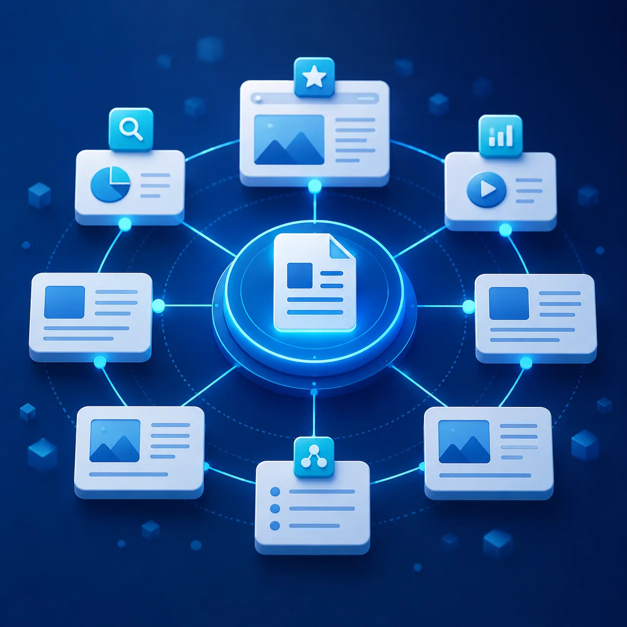 Central business listing connected to a ring of directory and platform cards
