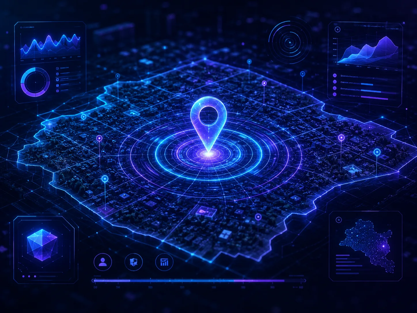 Holographic city map with AI ranking signals and a glowing location pin