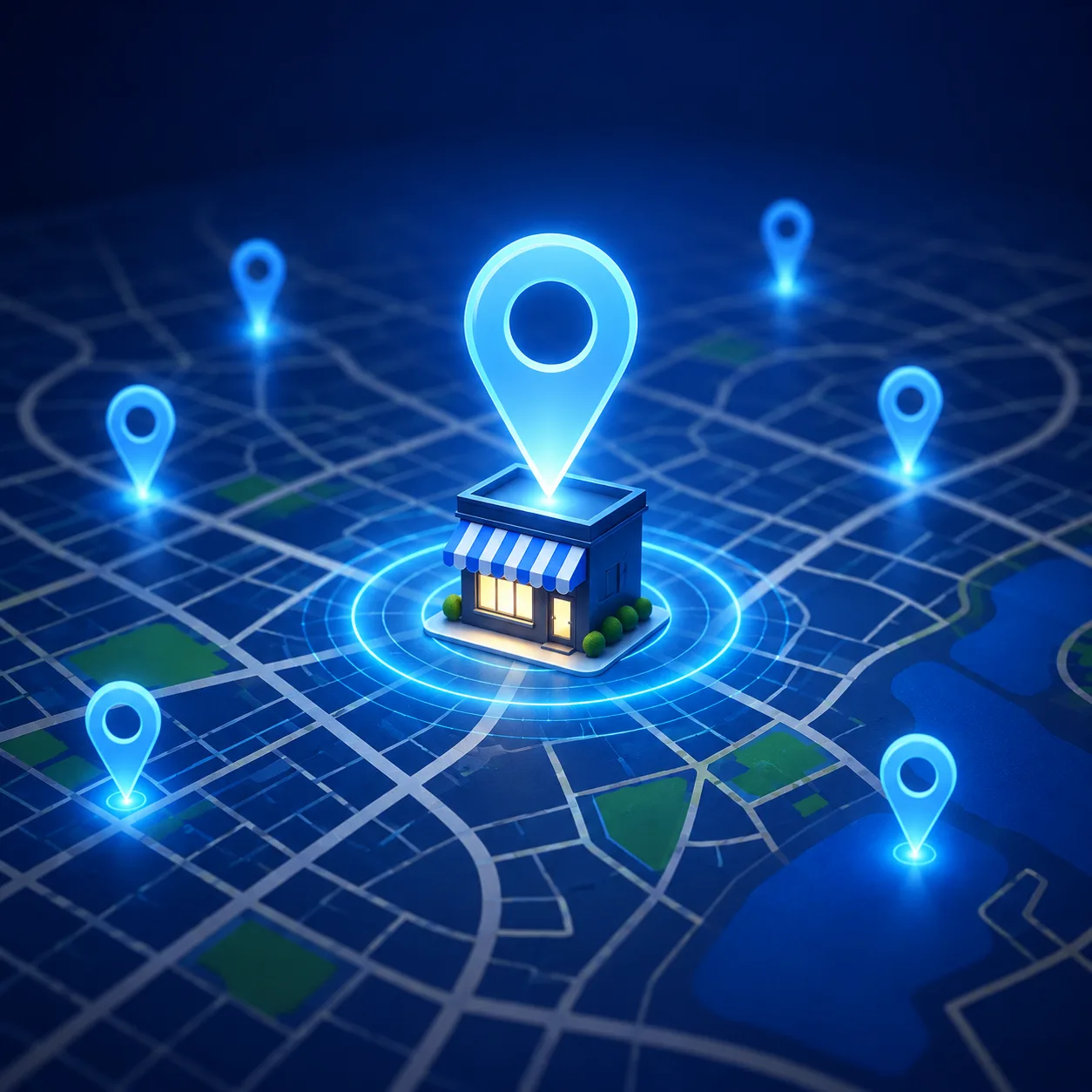 Local storefront glowing on a suburb map surrounded by ranking pins