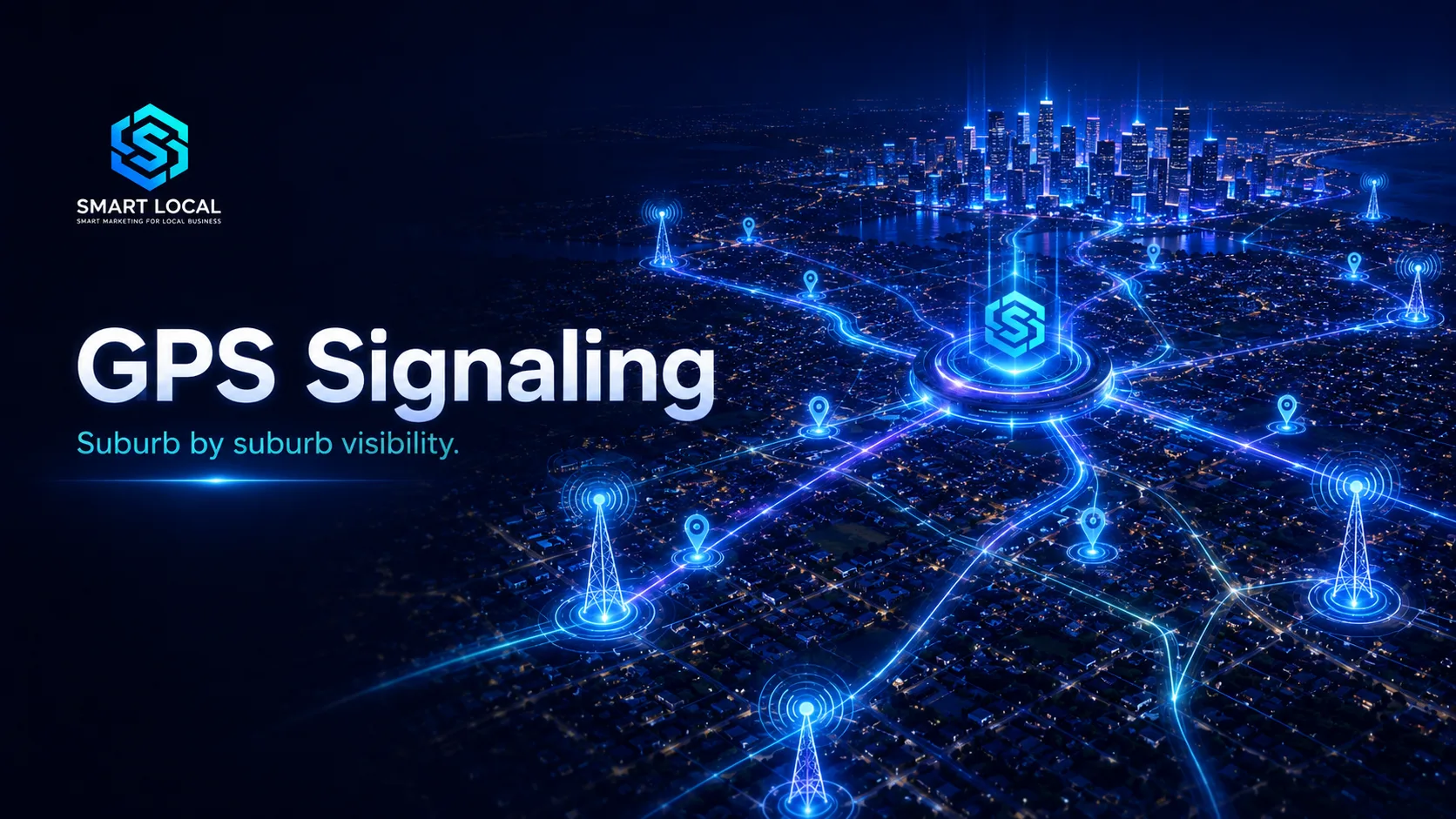 GPS local signals graphic showing location markers strengthening across a suburb map
