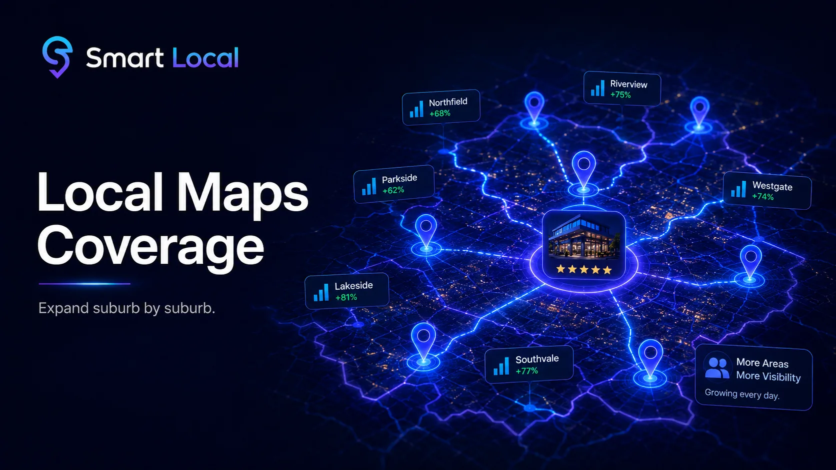 Local maps coverage graphic showing visibility expanding suburb by suburb