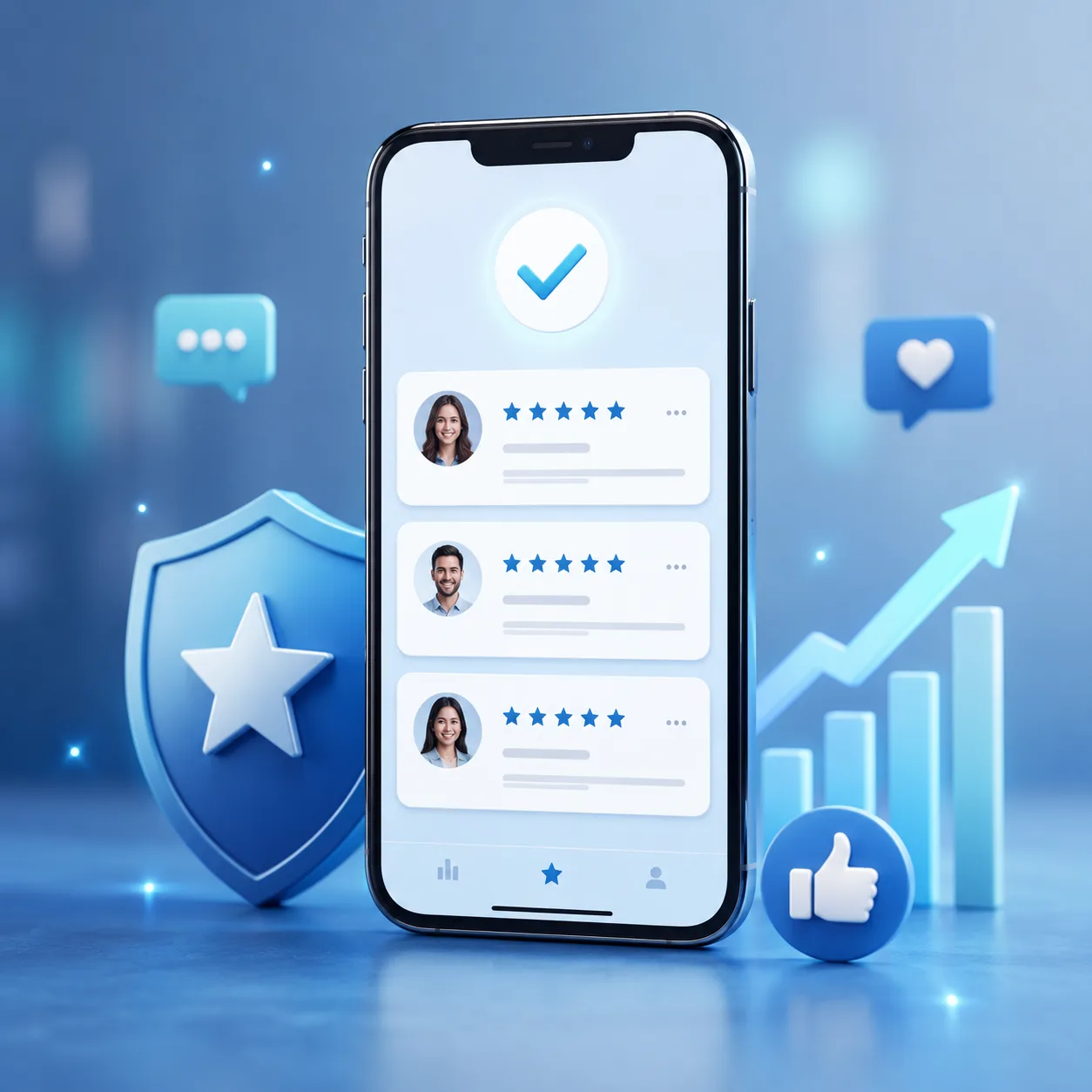 Phone showing five-star patient reviews with trust badges