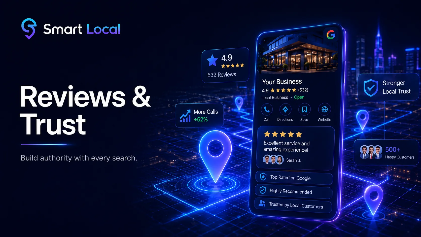 Smart Local graphic showing reviews and trust signals building local authority