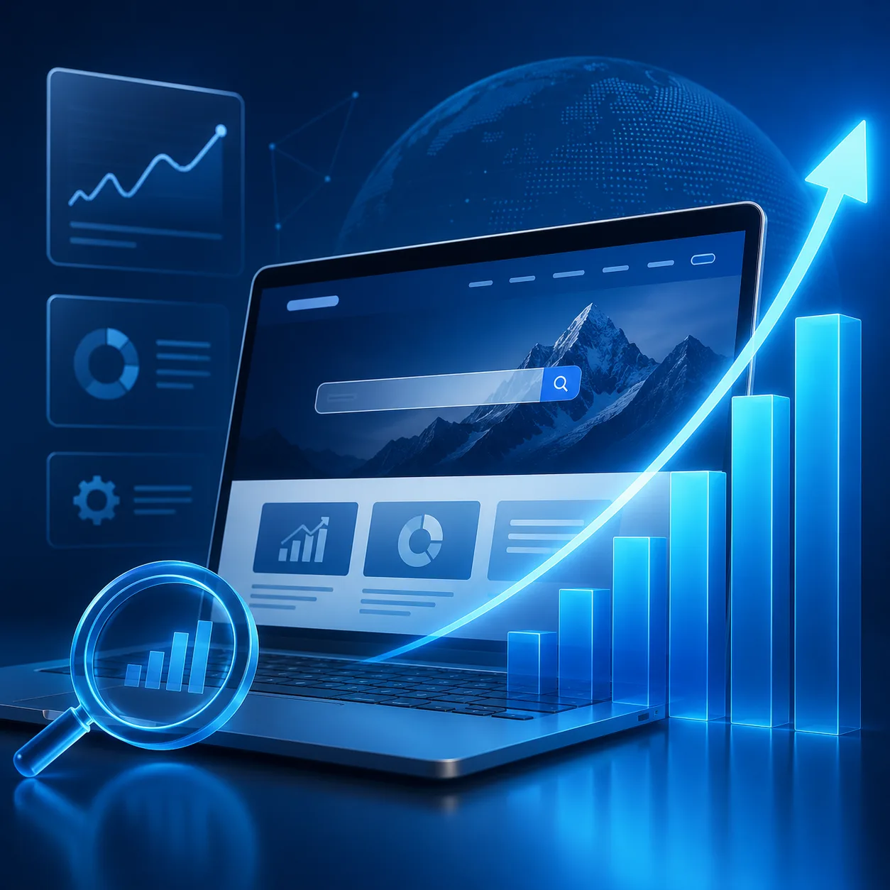 Laptop showing search rankings climbing with analytics charts
