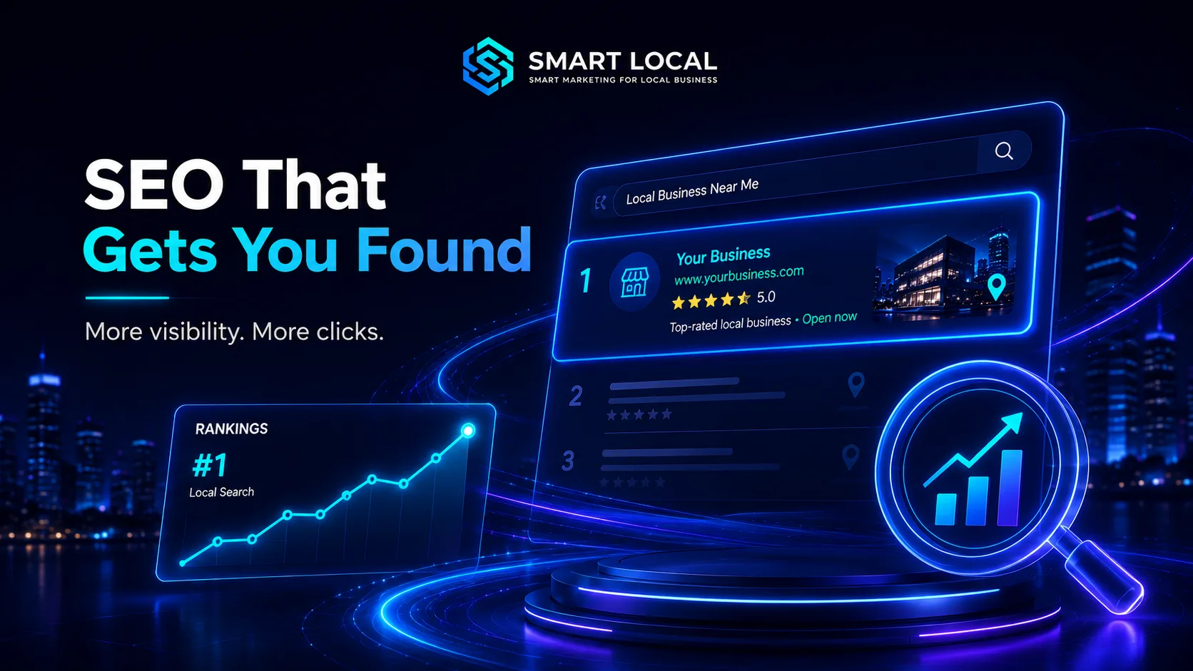 Smart Local SEO dashboard showing a local business ranked first with rising visibility