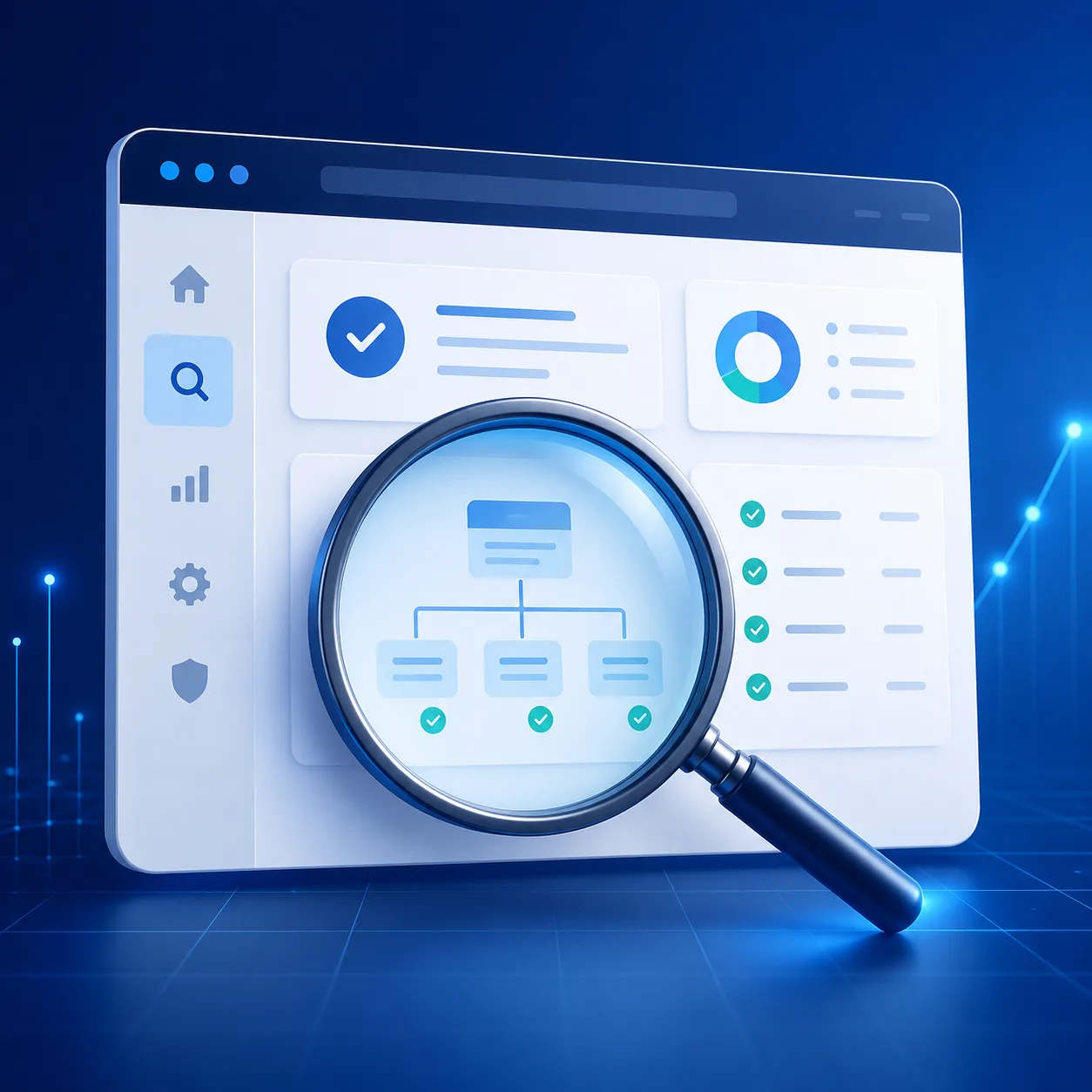 Website audit dashboard examined under a magnifying glass