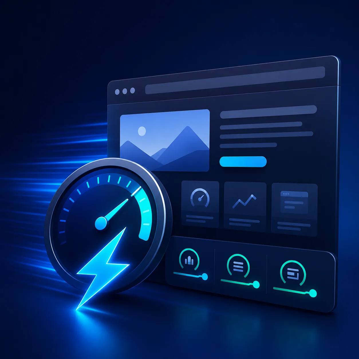 Speedometer with a lightning bolt showing fast page load speed