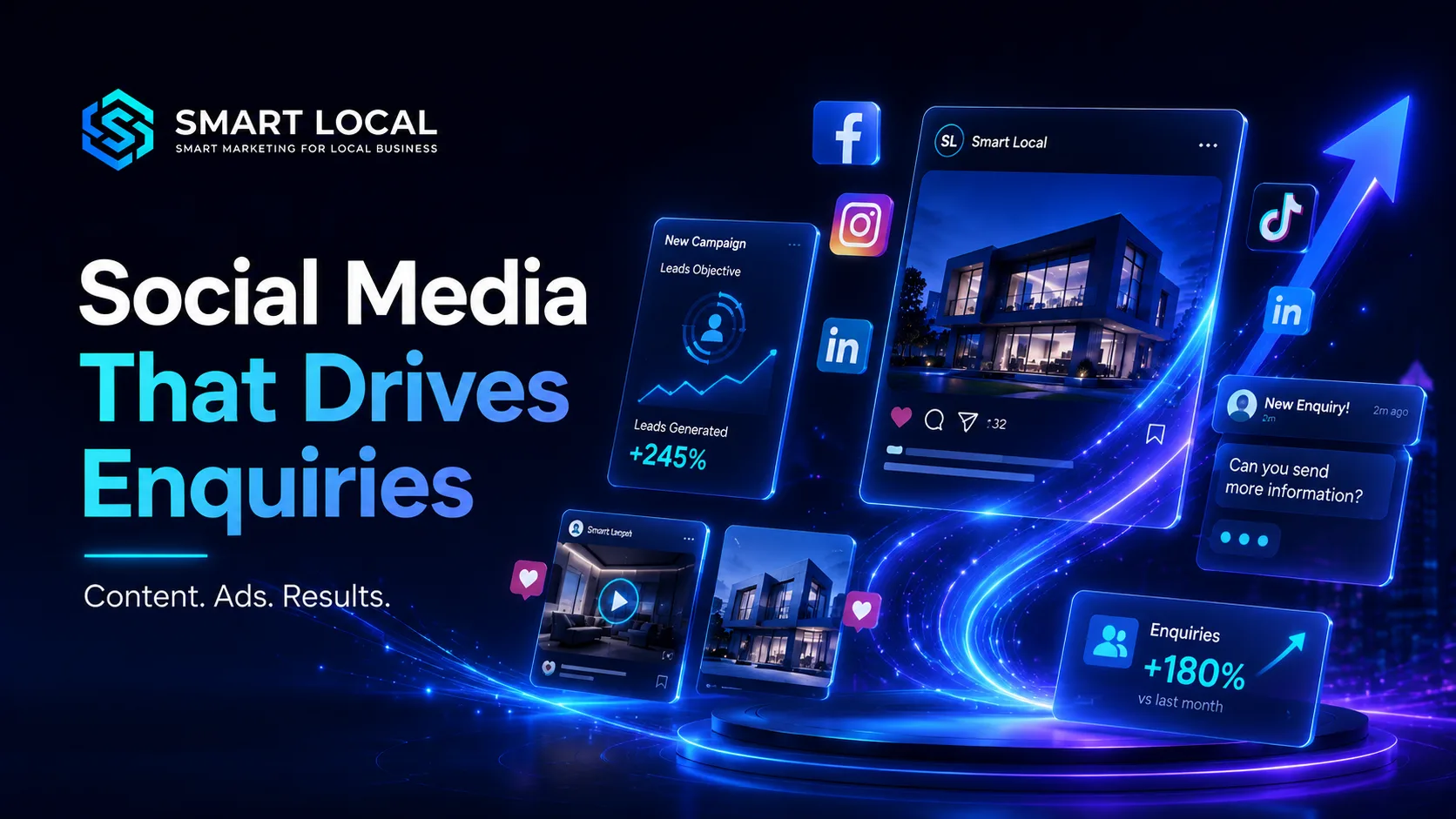 Smart Local banner reading social media that drives enquiries, with engagement metrics rising