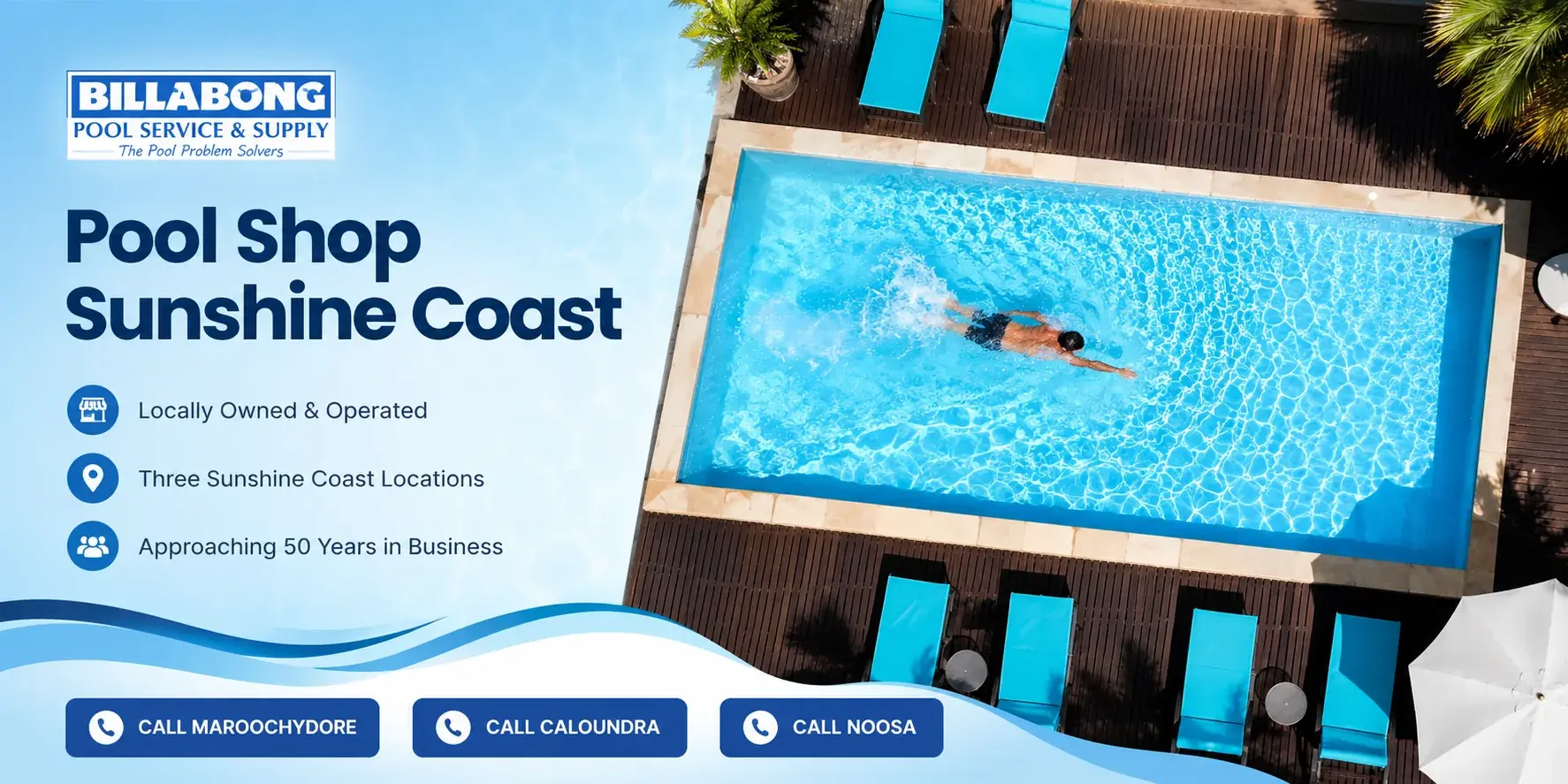 Billabong Pool Service website tile showing their Sunshine Coast pool shops