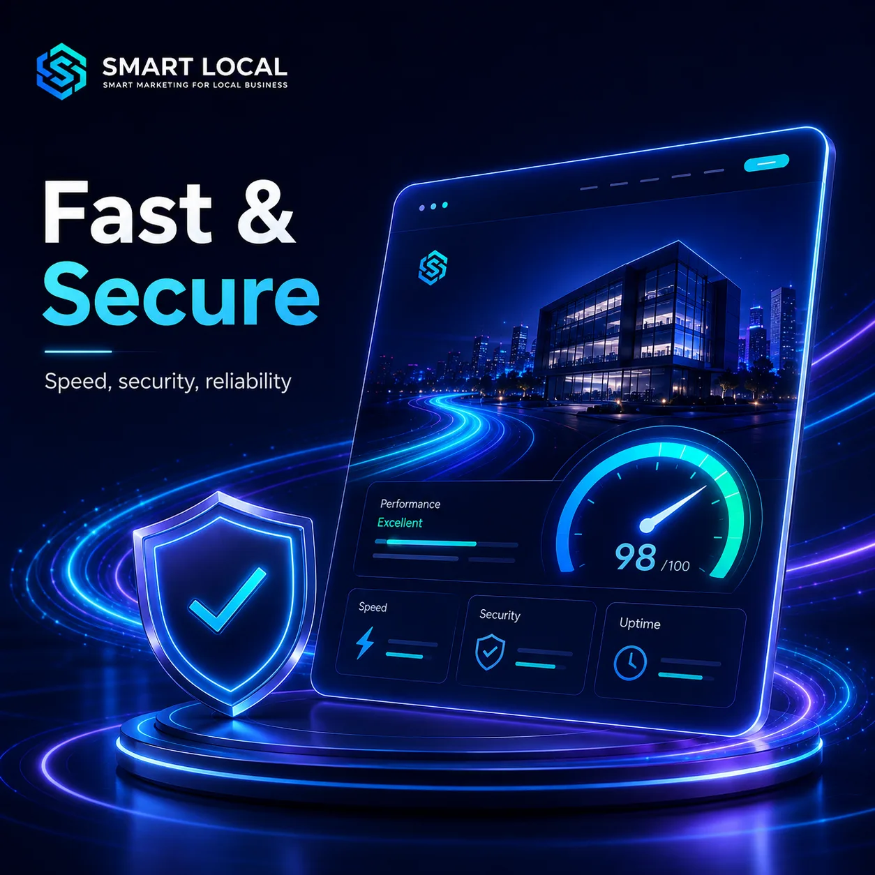 Fast and secure feature card with speed gauge and shield icons