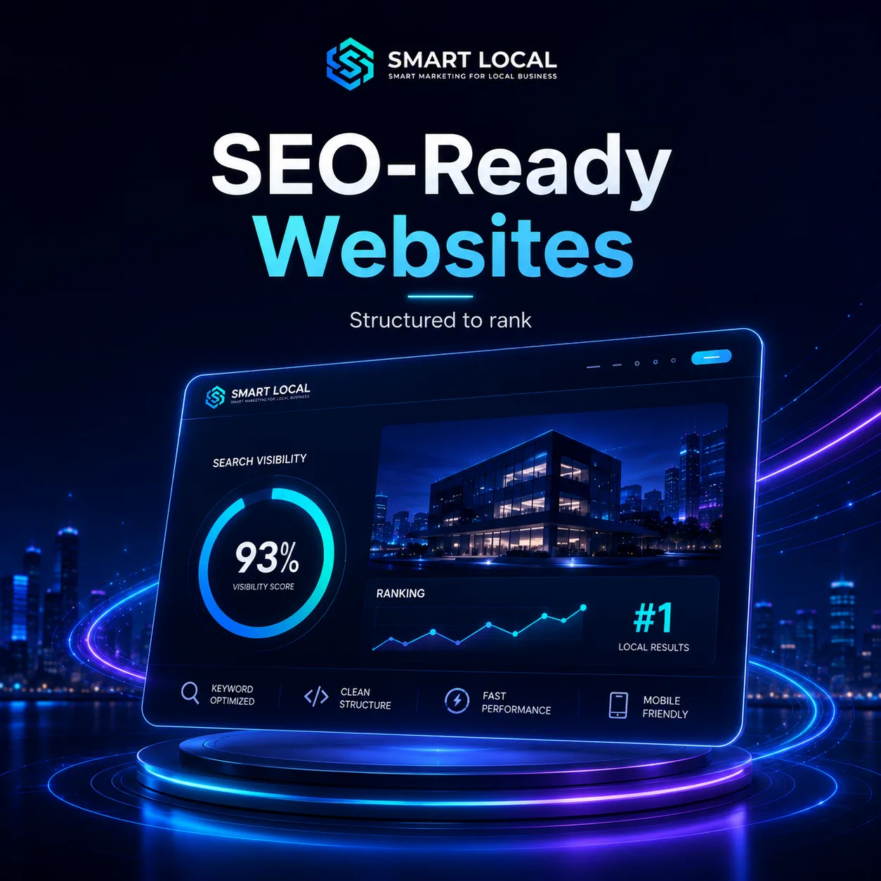SEO-ready website feature card showing a clean site build on a laptop